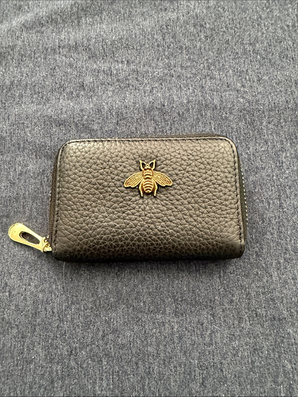 Black Leather Zip Card Case with Gold Bee Accent